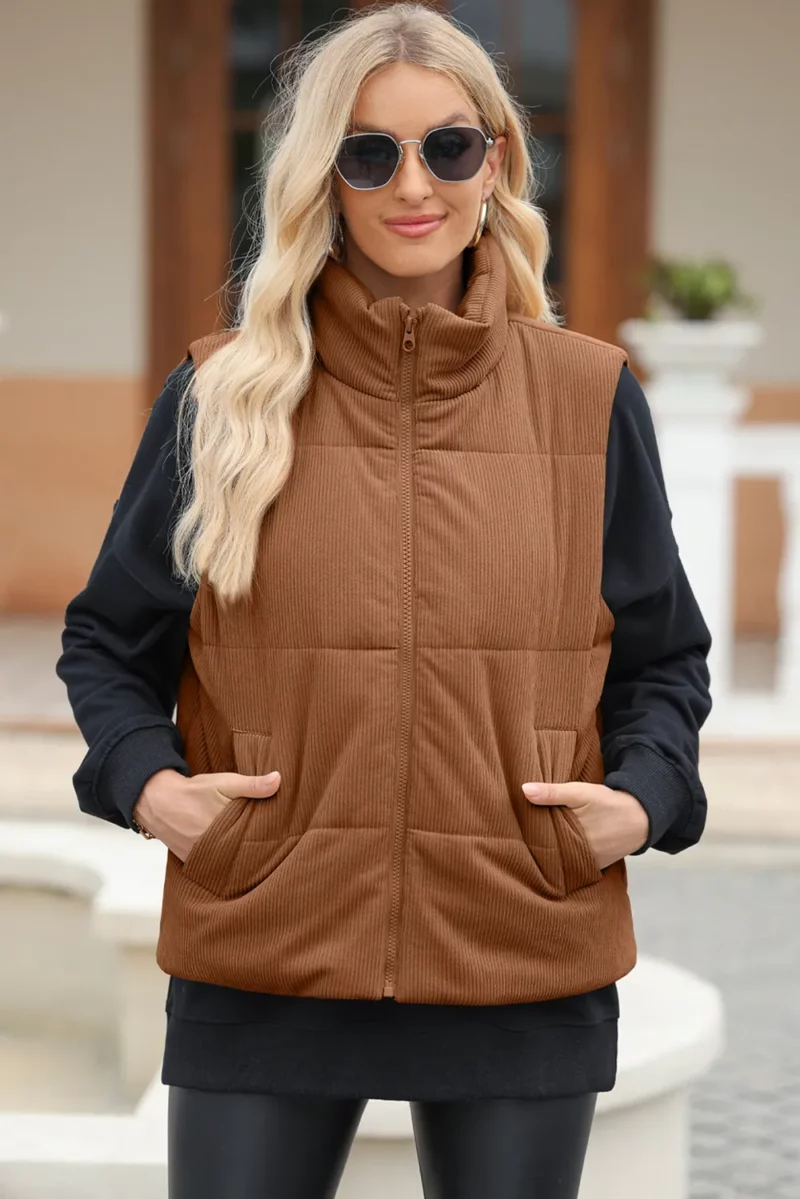 Pocketed Zip Up Turtleneck Vest Coat - Image 2