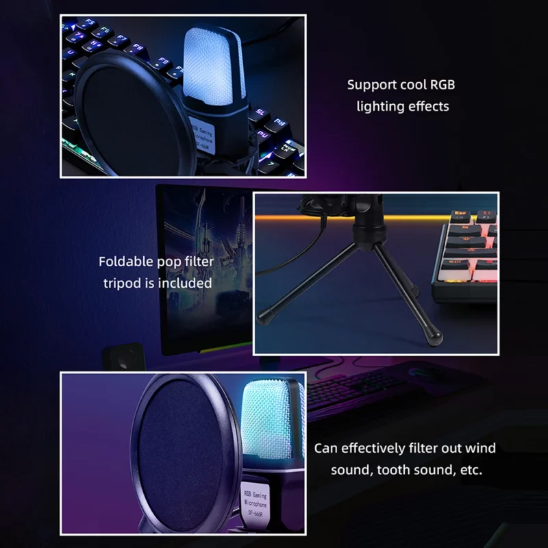SF-666R condenser microphone RGB seven color luminous microphone with shock mount USB computer game - Image 4