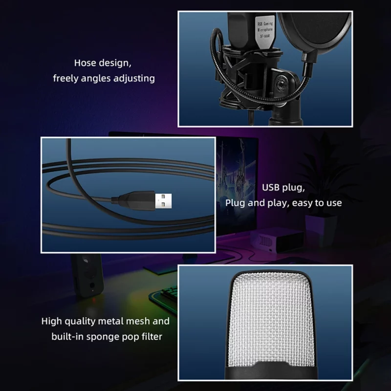 SF-666R condenser microphone RGB seven color luminous microphone with shock mount USB computer game - Image 5