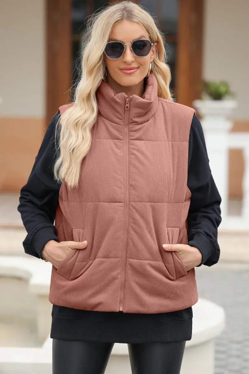 Pocketed Zip Up Turtleneck Vest Coat - Image 7