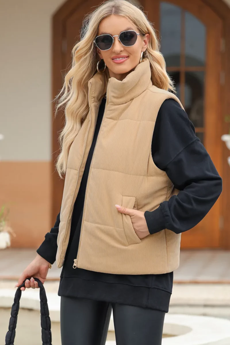 Pocketed Zip Up Turtleneck Vest Coat - Image 10