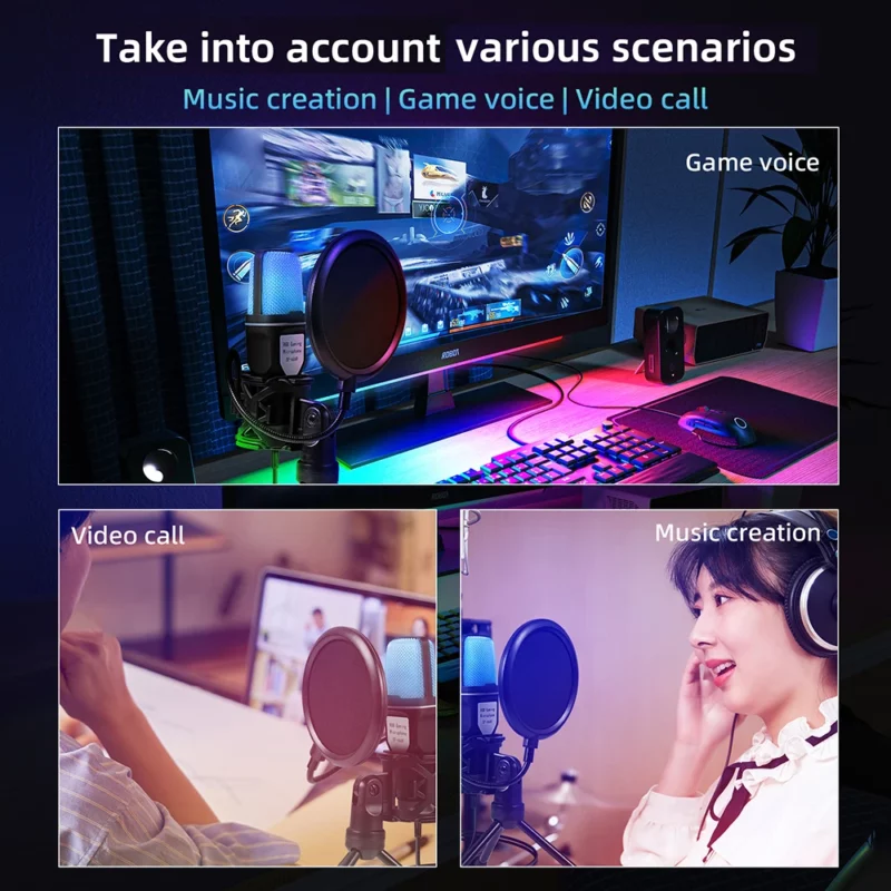 SF-666R condenser microphone RGB seven color luminous microphone with shock mount USB computer game - Image 3