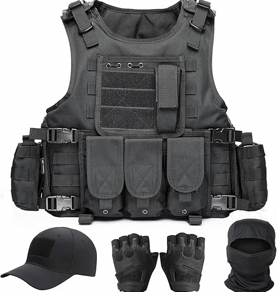 Tactical Vest for Men, Airsoft Vest, Black Molle Vest and Cap Protective Equipment, Tactical Airsoft Gear