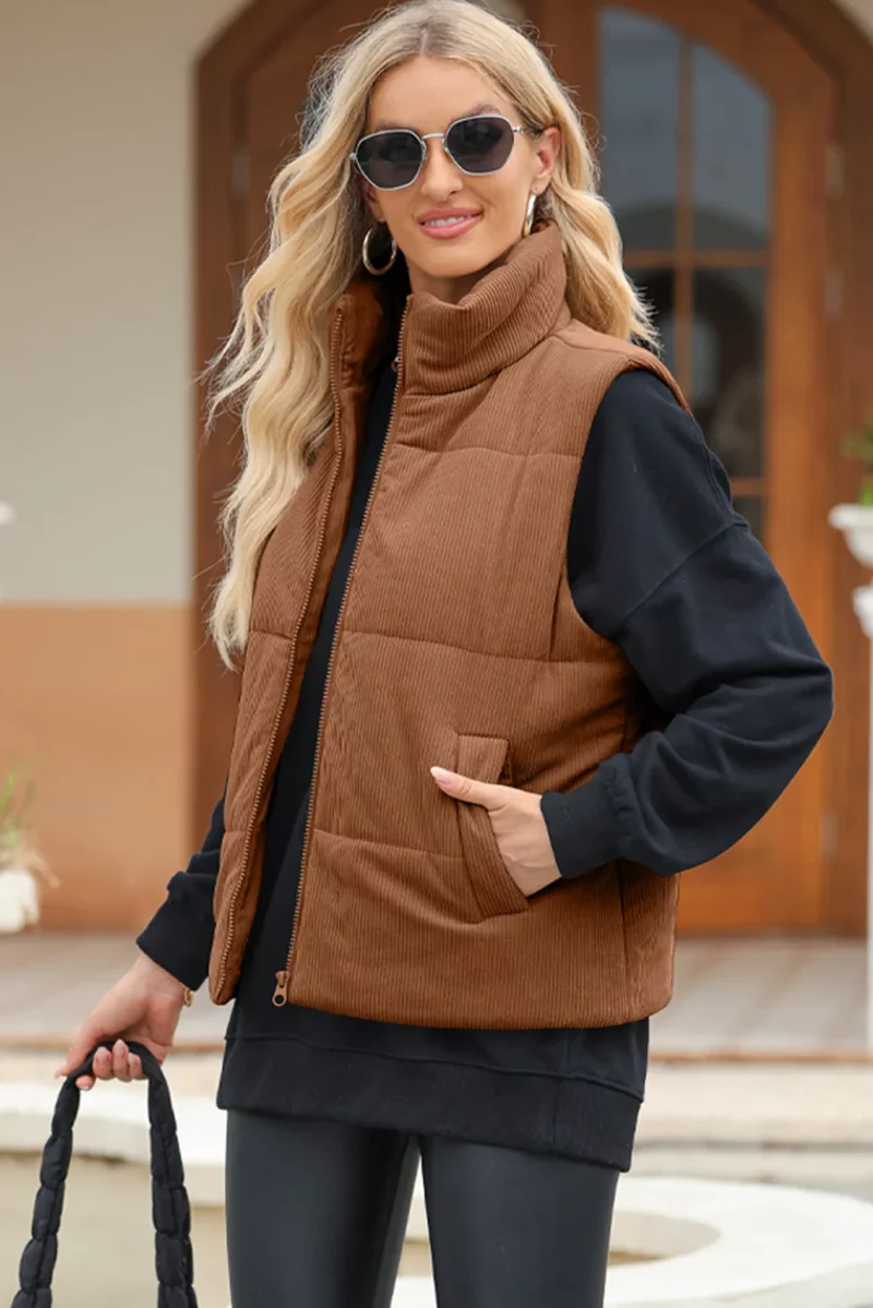Pocketed Zip Up Turtleneck Vest Coat - Image 3