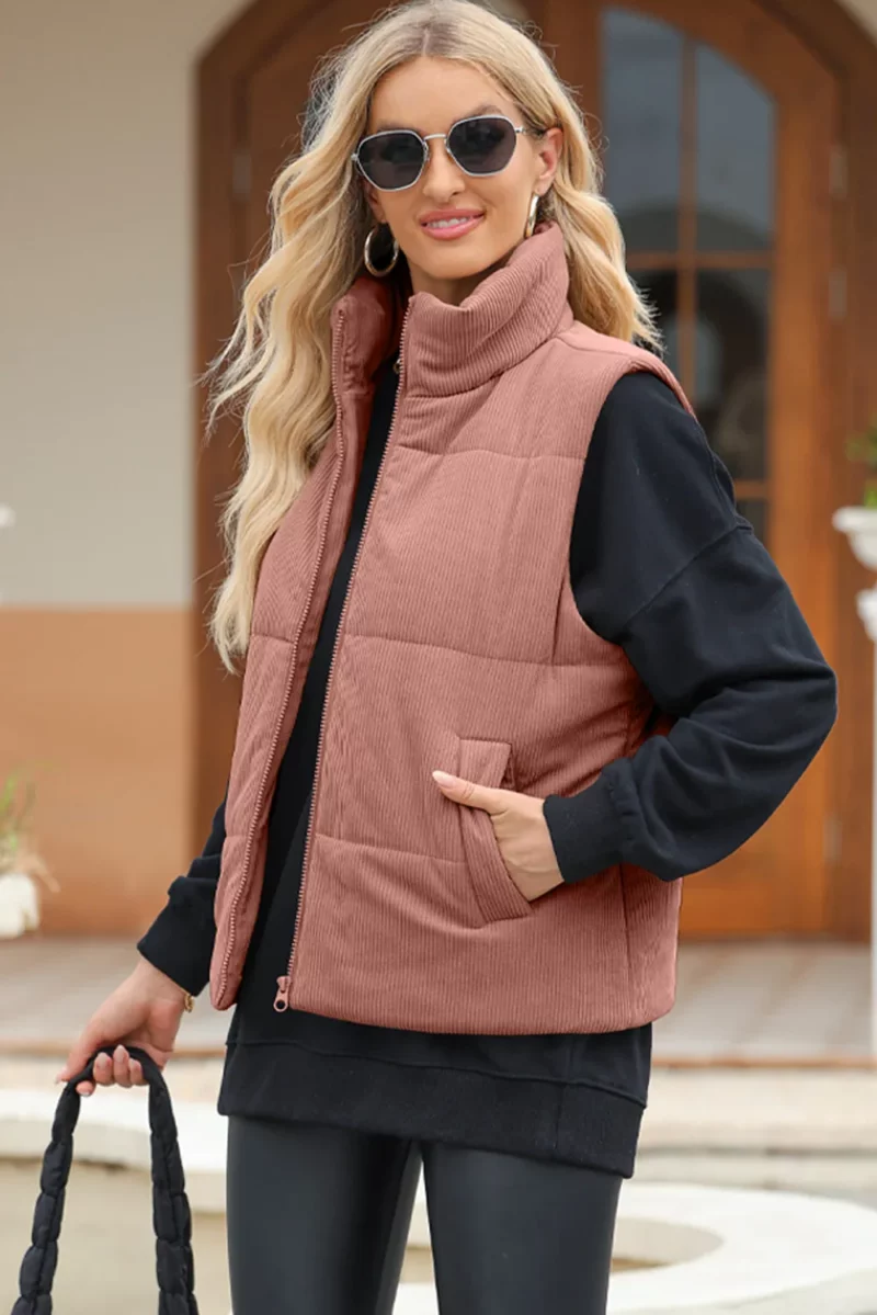 Pocketed Zip Up Turtleneck Vest Coat - Image 6