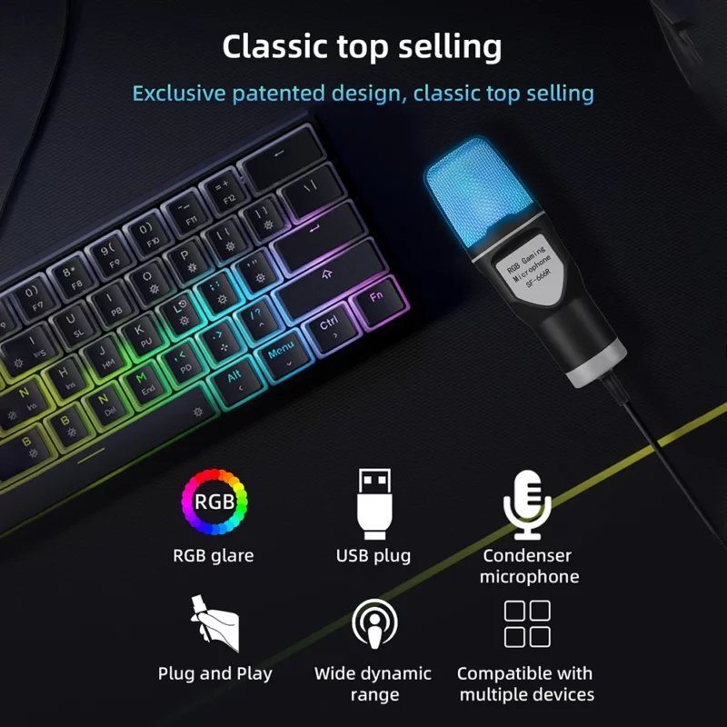 SF-666R condenser microphone RGB seven color luminous microphone with shock mount USB computer game - Image 2