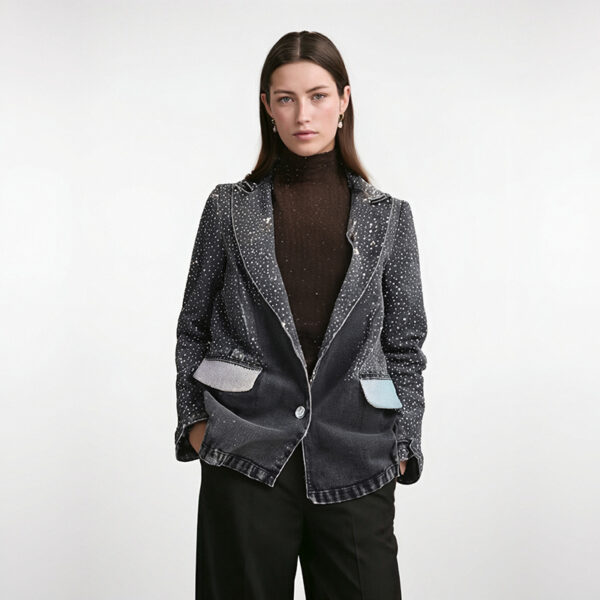 Women's Denim Blazer Notched Collar Washed Black Full Diamonds Single Button Elegant Suit Jackets  Autumn New Fashion
