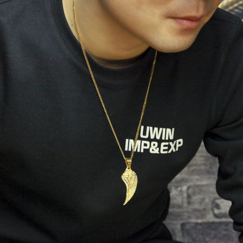 Feather Wing Pendant Necklace High Quality Stainless Steel Hiphop Gold Color Iced Out Rhinestones Chain - Image 3