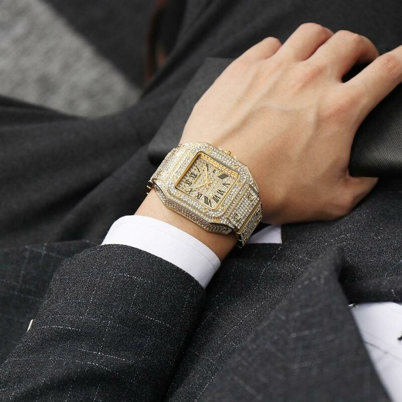 Hip Hop Iced Out Men Watch Square Diamond Quartz Luxury Mens Wrist Watches Gold Roman Calendar Steel Clock Relogio Masculino - Image 5