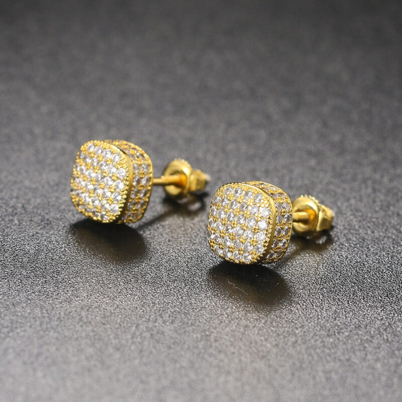 Hip Hop Style Full Zircon Threaded Earrings Men's And Women's Geometric Round Full Diamond Gold-Plated Earrings Hiphop Fashion Jewelry