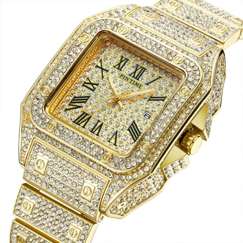 Hip Hop Iced Out Men Watch Square Diamond Quartz Luxury Mens Wrist Watches Gold Roman Calendar Steel Clock Relogio Masculino - Image 4