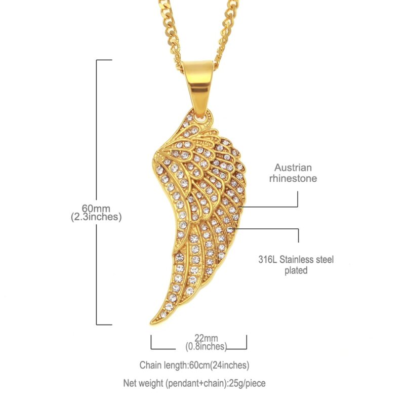 Feather Wing Pendant Necklace High Quality Stainless Steel Hiphop Gold Color Iced Out Rhinestones Chain - Image 2