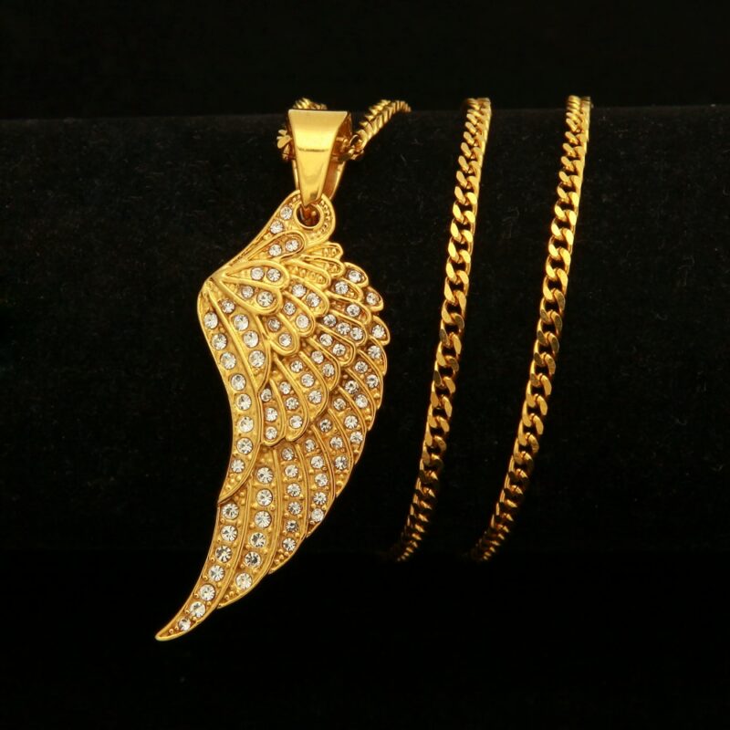 Feather Wing Pendant Necklace High Quality Stainless Steel Hiphop Gold Color Iced Out Rhinestones Chain - Image 4