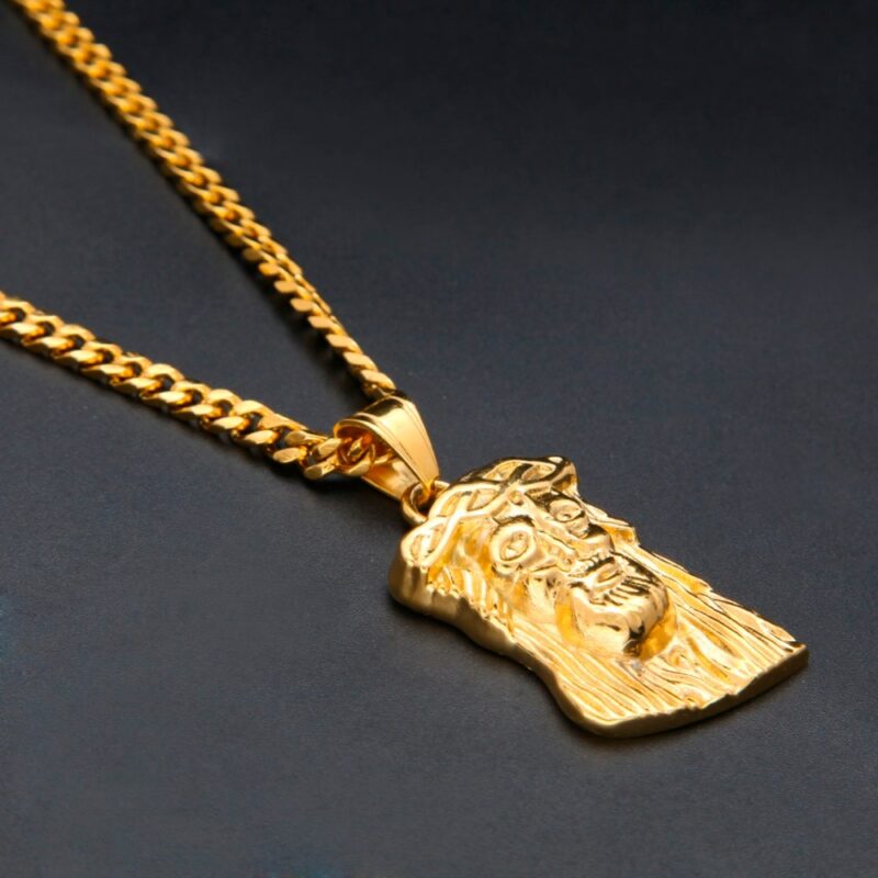 Men And Women Gold Color Micro Solid God Bless Jesus Face Charm Pendant Necklace With 5mm 30inch Cuban Chain Hiphop Jewelry - Image 2